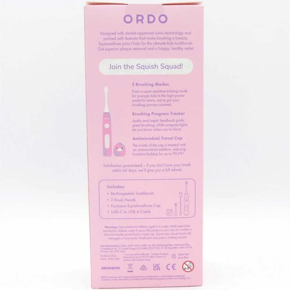 ORDO Sonic Kids Rechargeable Toothbrush Soft Pink Original Squishmallows Patty